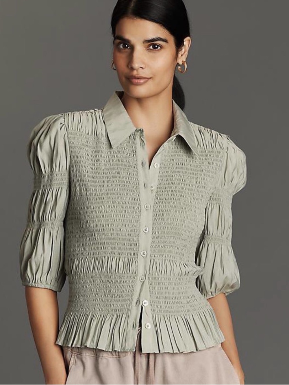 Anthropologie Green Anthropologie Smocked Button Down Top Small NWT